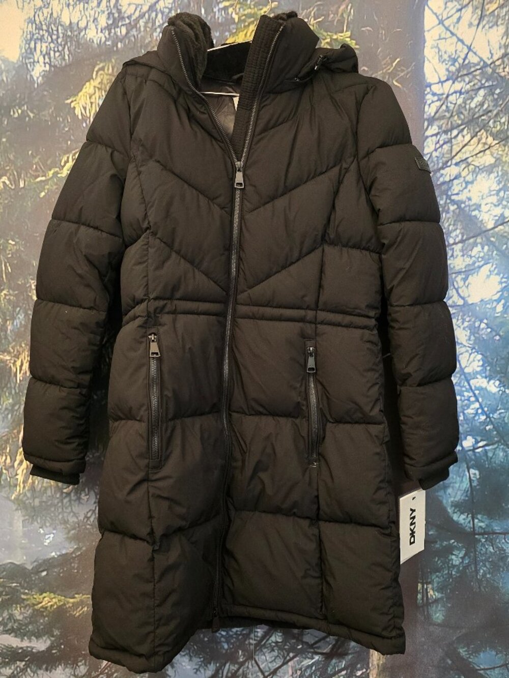 DKNY Womens Puffer Coat Small Black Long Hooded Winter Jacket Zip